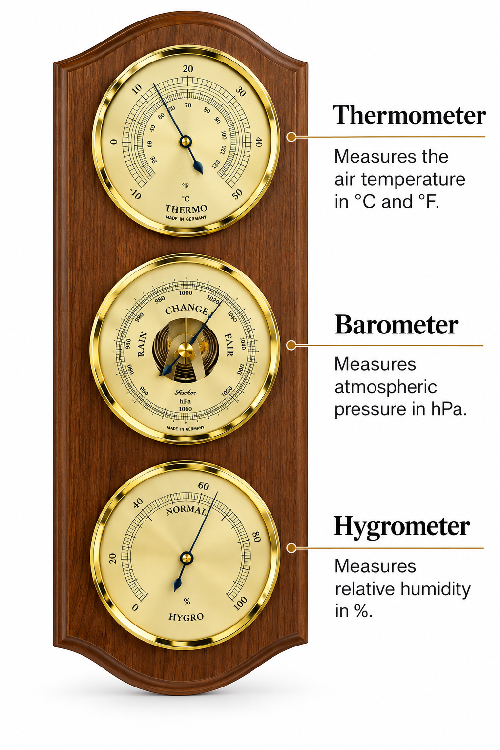 Rustic Oak & Brass Weatherstation | 3 in 1 - Hygrometer + Barometer + Thermometer | 9176-31