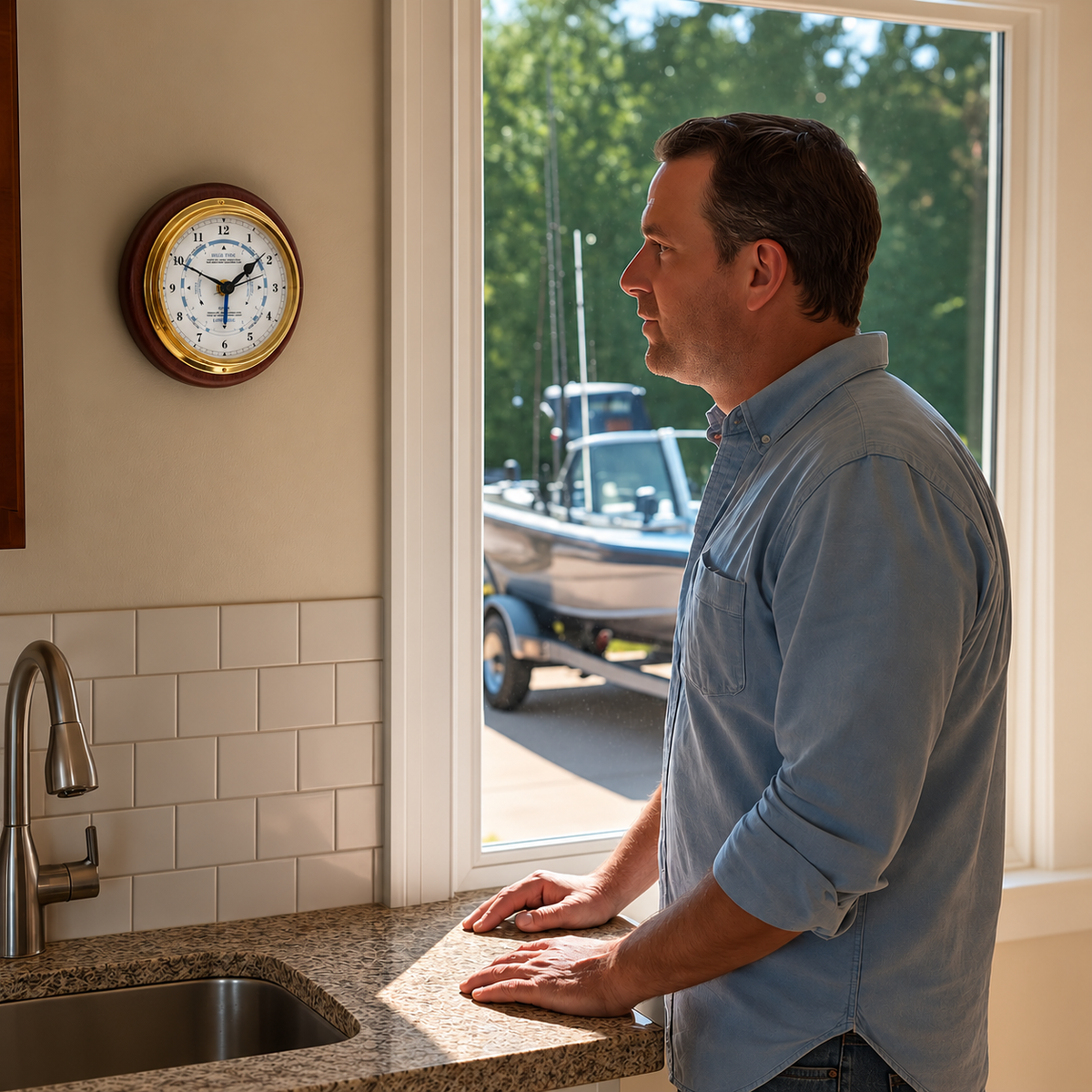Round Quartz Time & Tide Clock in One | Mahogany & Polished Brass | 170mm | 1434GU-22
