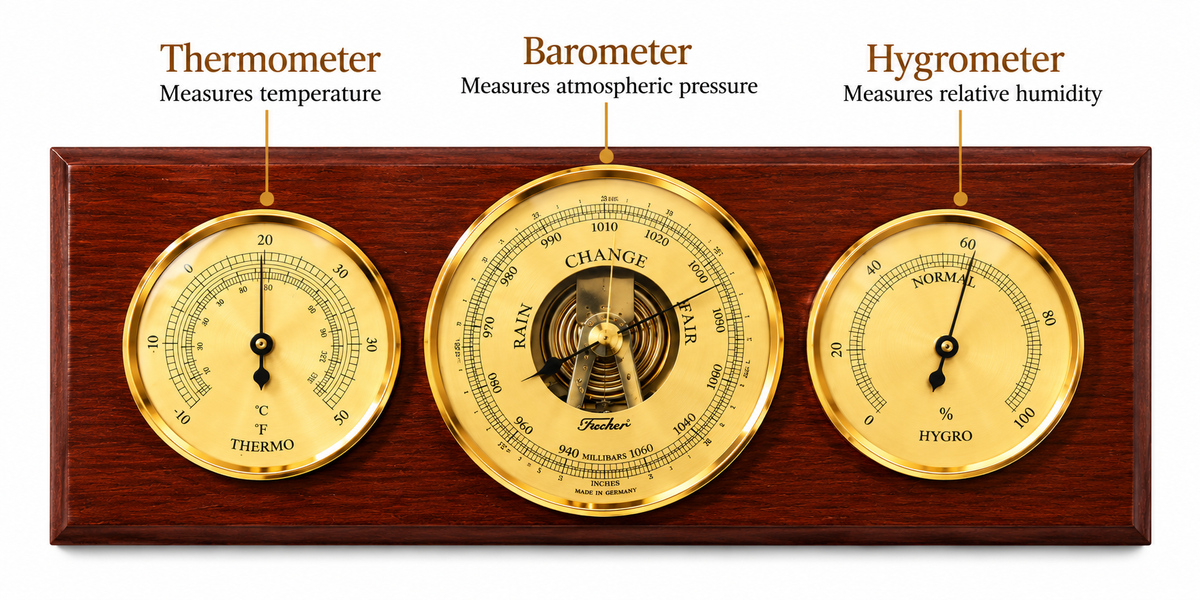 Modern Weatherstation 3 in 1 - Hygrometer + Barometer + Thermometer | Mahogany & Brass | 9103-22
