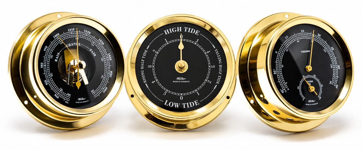 Polished Brass & Black Dial 125mm Barometer Tide Clock Thermometer Trio