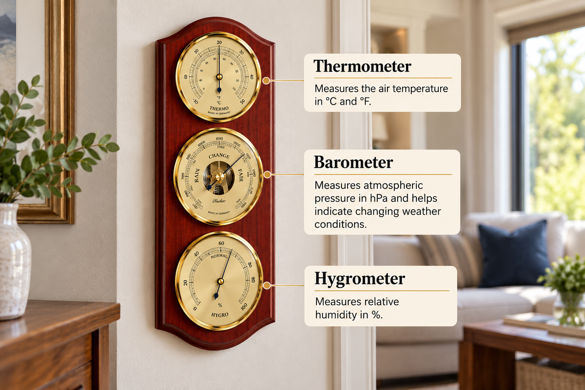 Weatherstation-3 in 1 - Hygrometer + Barometer + Thermometer | Mahogany & Brass |  330mm by 130mm | 9176-22