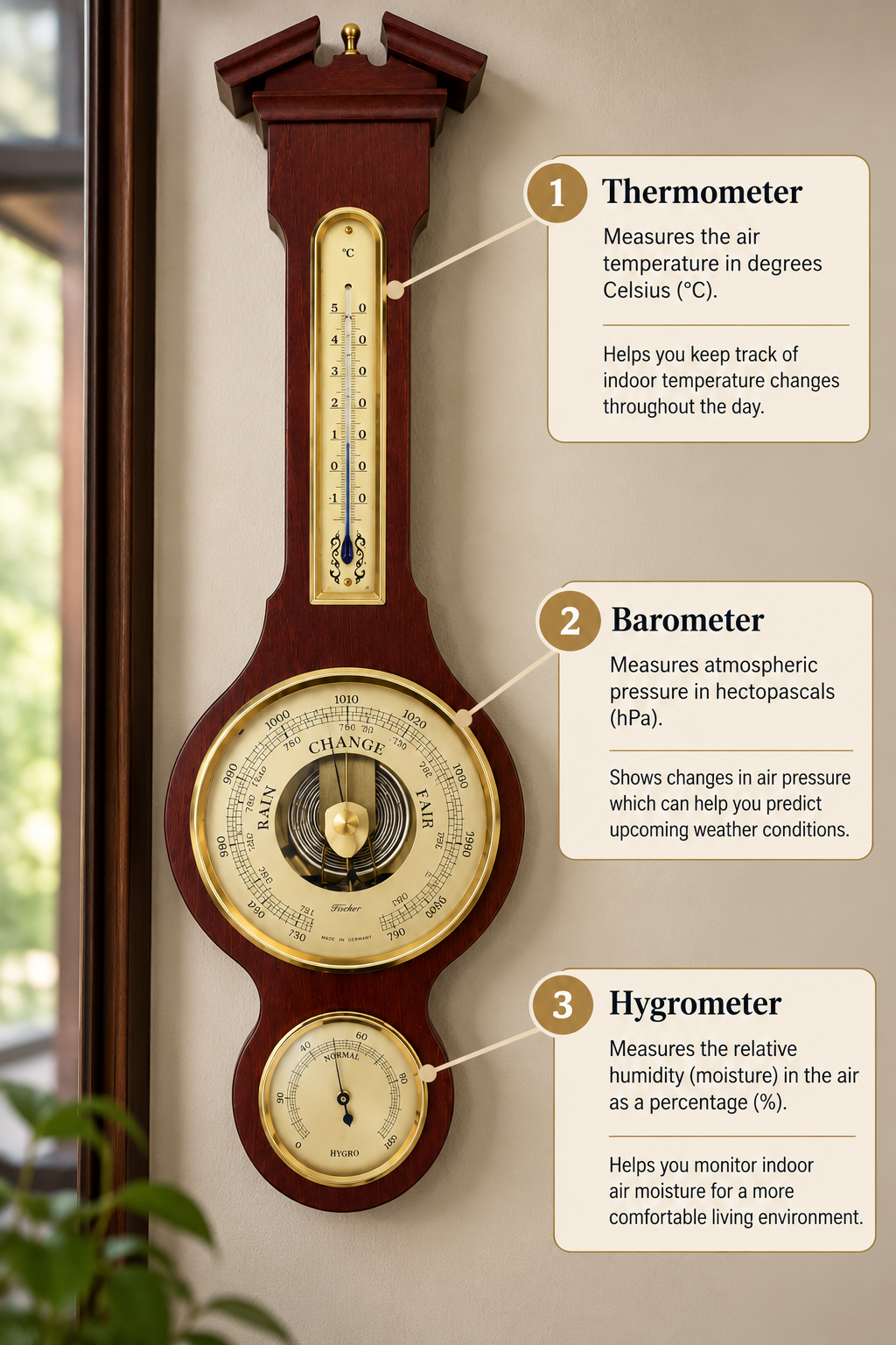 Sheraton Traditional Banjo Weatherstation - 3 in 1 - Hygrometer + Barometer + Thermometer | Mahogany & Brass | 540mm |  6699-22