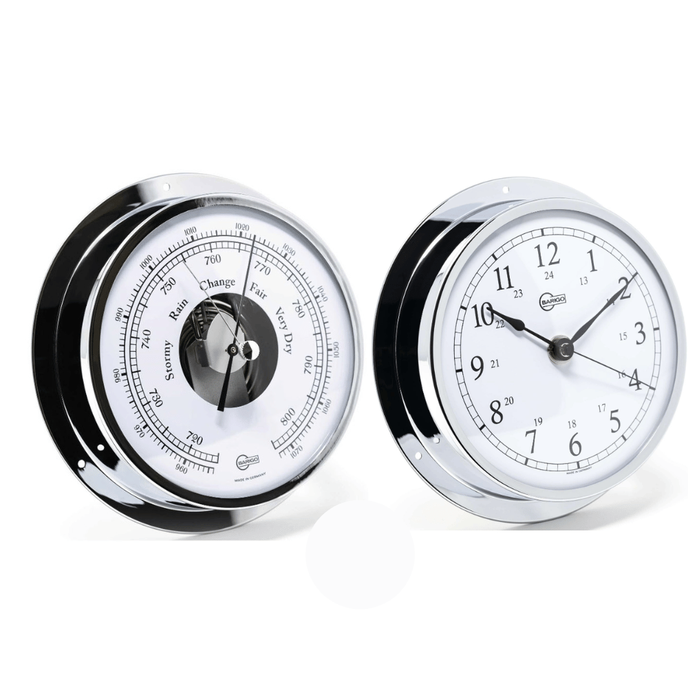 Chrome nautical barometer and wall clock set with white dials and black markings