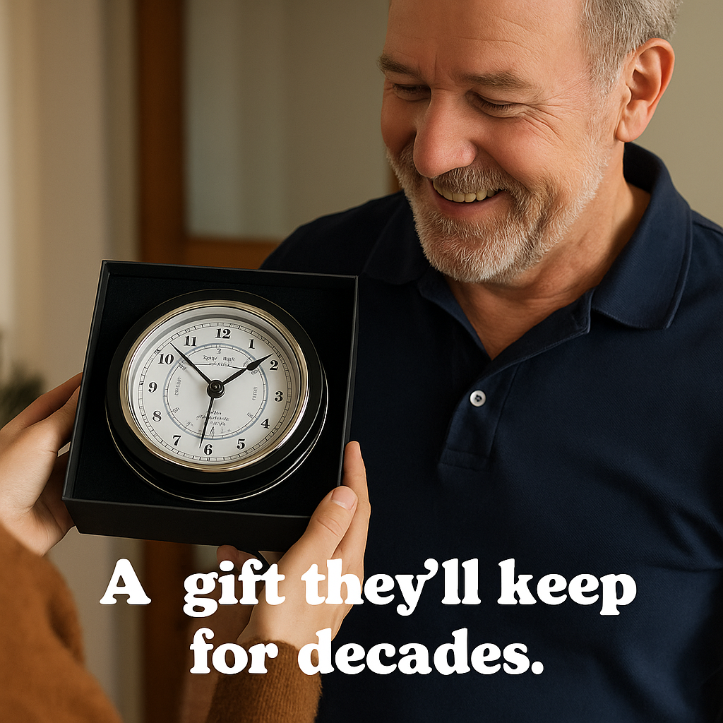 Smiling man receiving a boxed tide clock gift, perfect for fishermen and nautical decor.