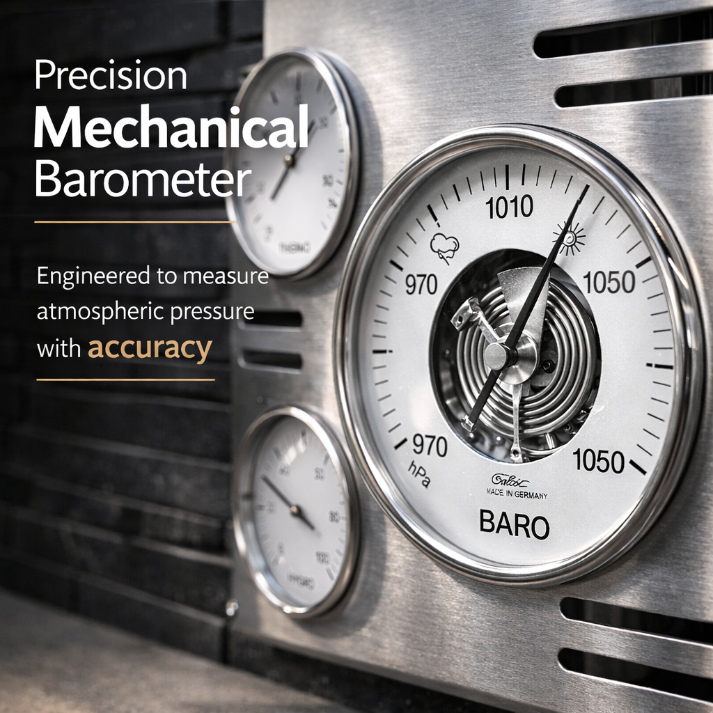 Precision mechanical barometer with metallic finish and visible brand name.