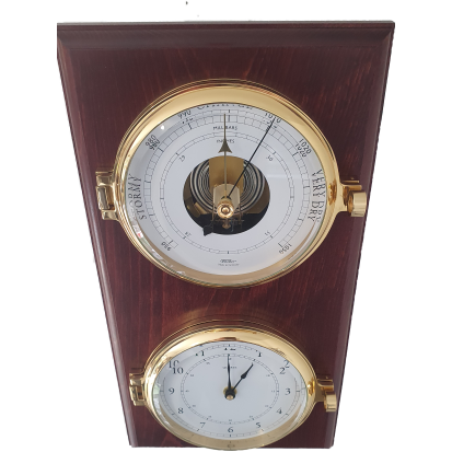 Nautical Brass Barometer &amp; Clock on Mahogany