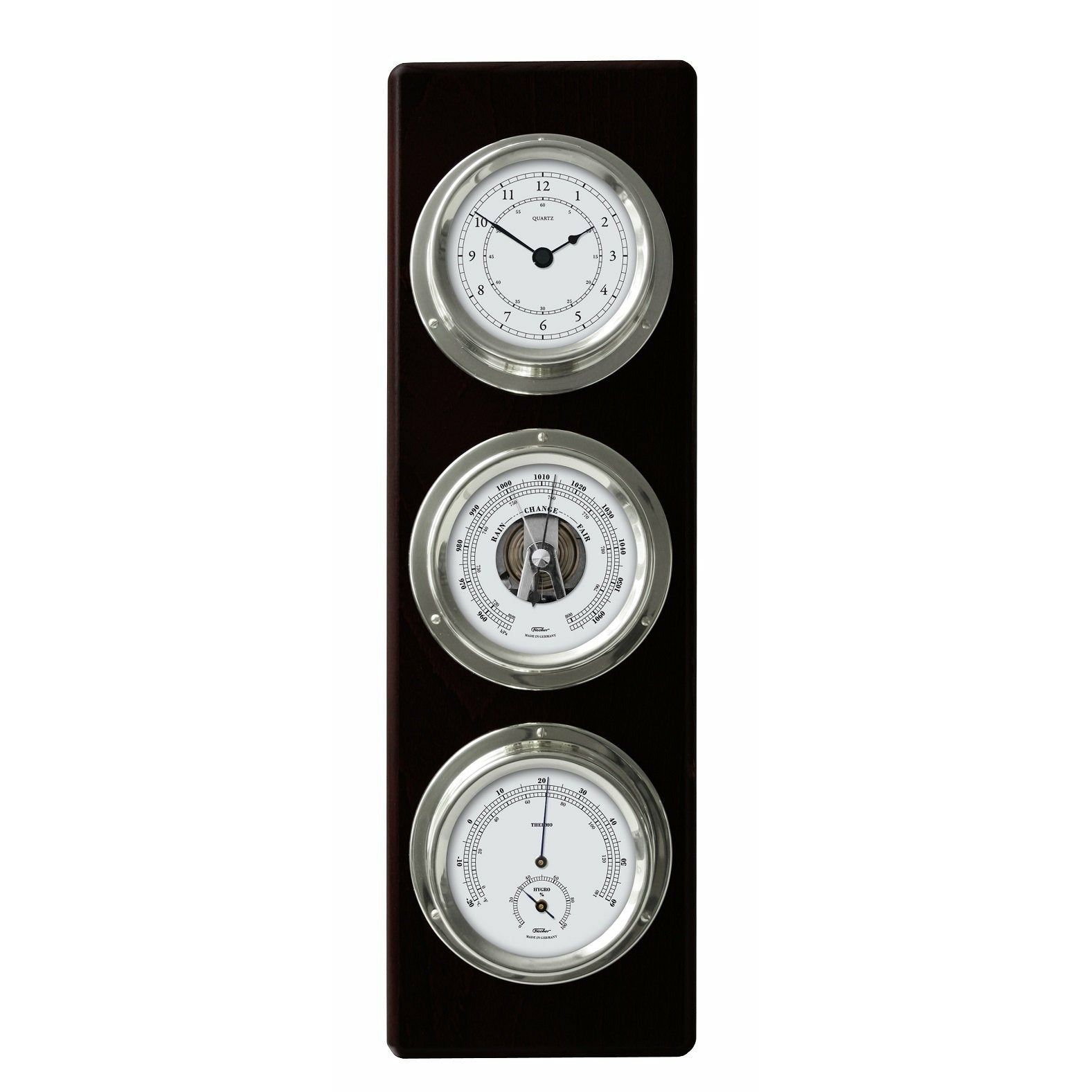 German weather station panel with clock, barometer, hygrometer in chrome and black finish